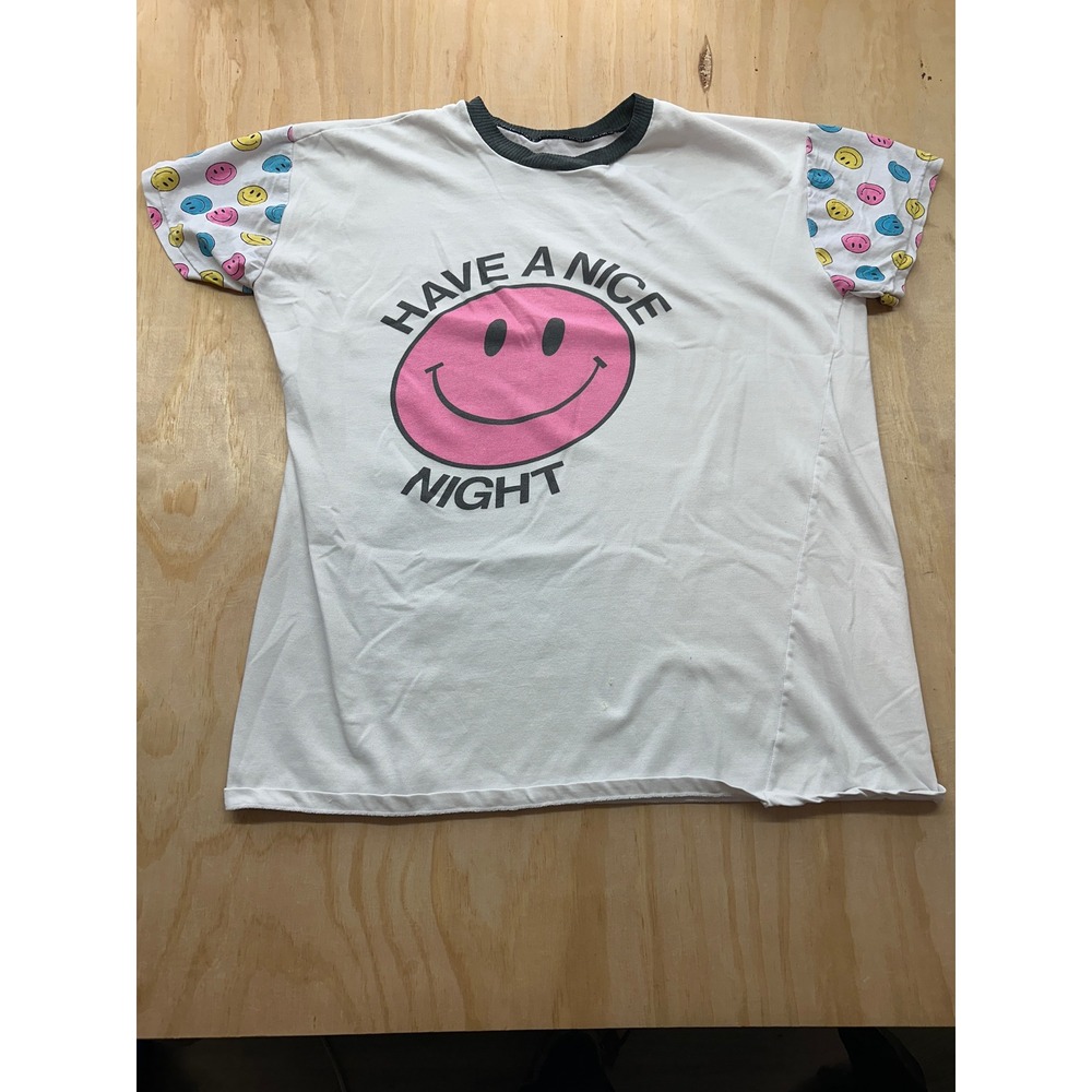 VTG 80's White Have A Nice Night Smiley Face Graphic T Pink Blue Yellow Sleeves